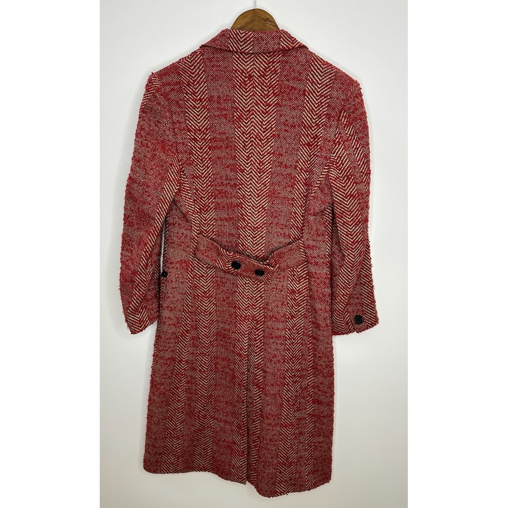 Barneys New York Herringbone Wool Tweed Overcoat Red Tan Italy Size 8 Long Coat - Picture 9 of 16